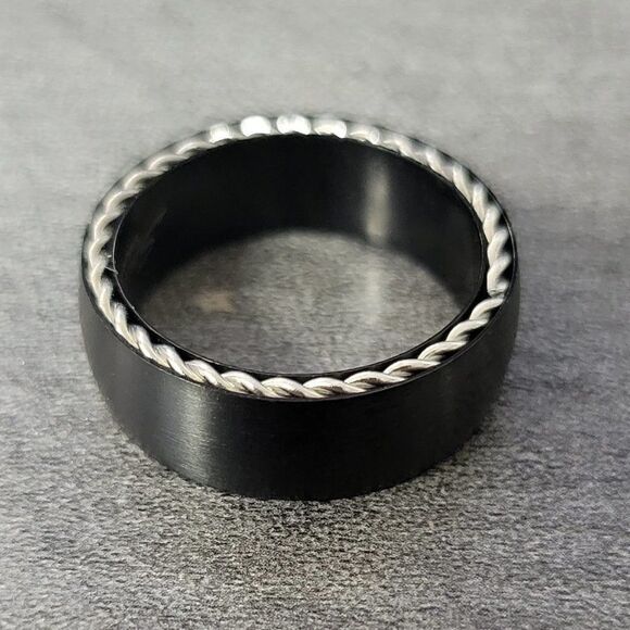 Black Wire Cable Inlay Wedding Band Promise Ring - Picture 4 of 4
